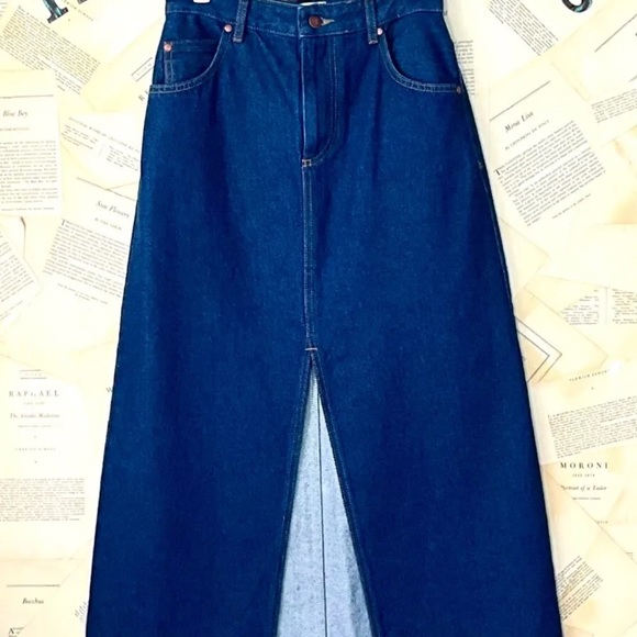 Anthropologie Pilcro Madi Front Slit Denim Maxi Skirt Raw Hem Blue - Picture 2 of 6